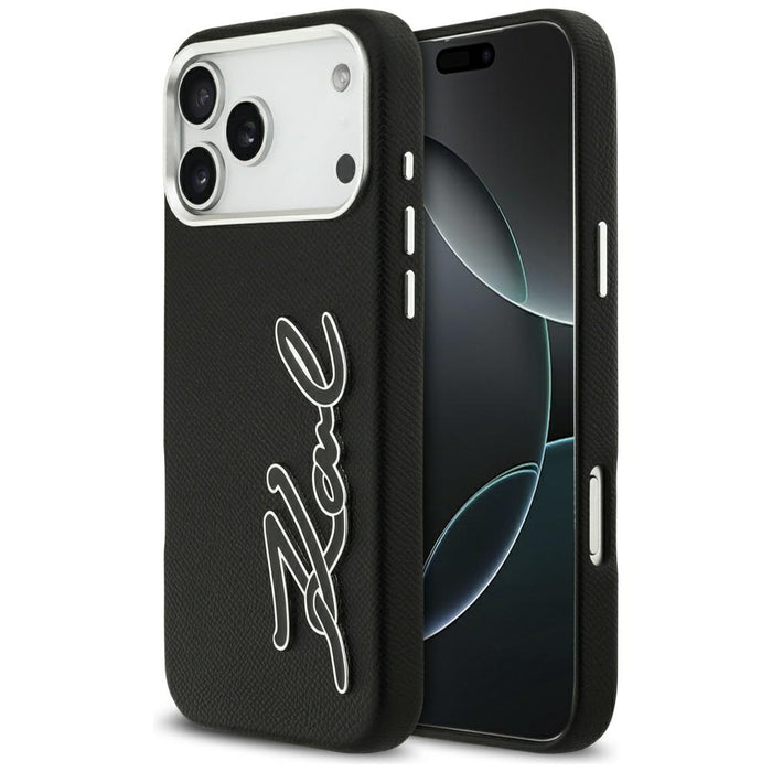 Кейс с лого на Karl Lagerfeld FW Grained Signature за iPhone 17 Pro Max - черен