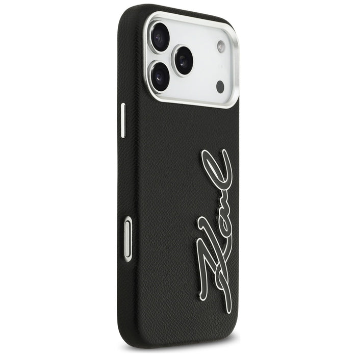 Кейс с лого на Karl Lagerfeld FW Grained Signature за iPhone 17 Pro Max - черен