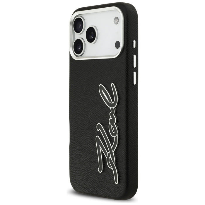 Кейс с лого на Karl Lagerfeld FW Grained Signature за iPhone 17 Pro Max - черен