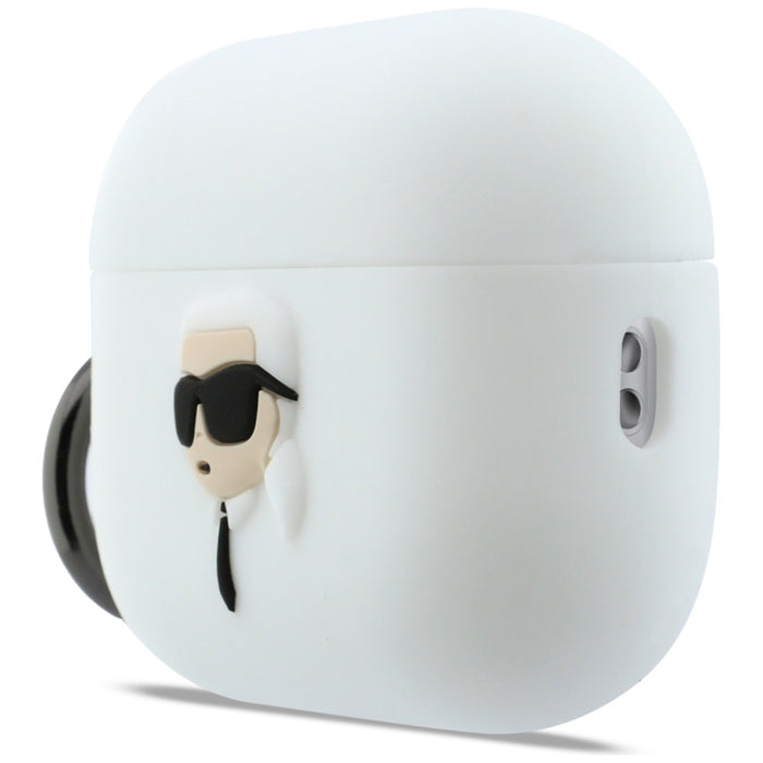 Силиконов калъф Karl Lagerfeld с 3D глава и каишка за AirPods Pro 3 - бял