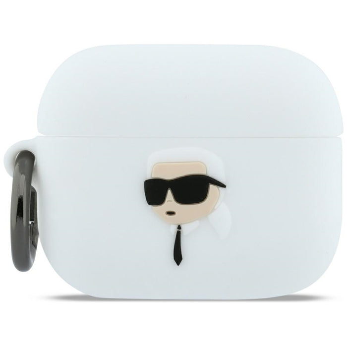 Силиконов калъф Karl Lagerfeld с 3D глава и каишка за AirPods Pro 3 - бял