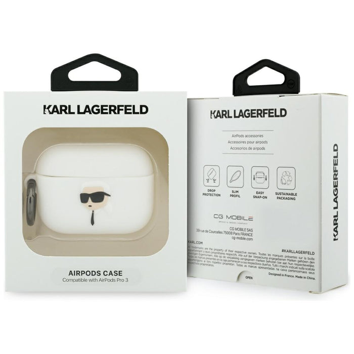 Силиконов калъф Karl Lagerfeld с 3D глава и каишка за AirPods Pro 3 - бял