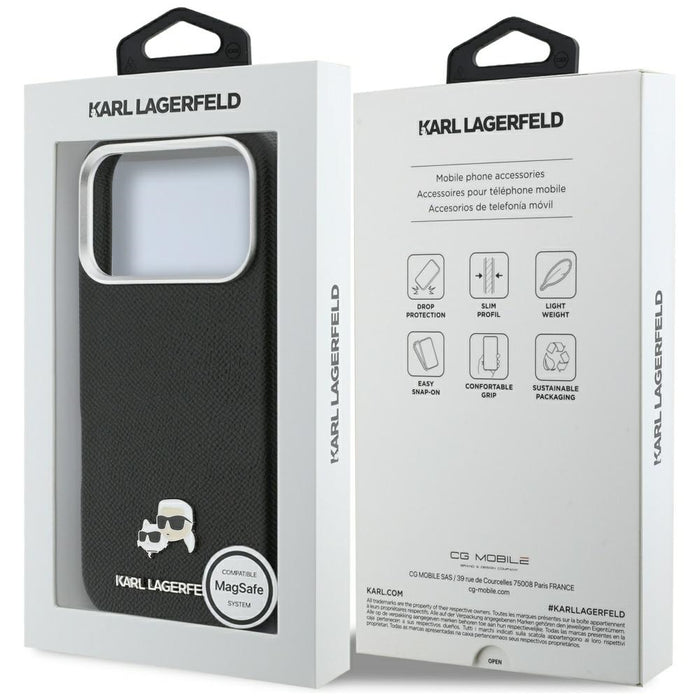 Калъф Karl Lagerfeld Karl & Choupette Head Pins Saffiano MagSafe за iPhone 17 Pro Max - черен