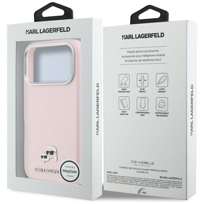 Калъф Karl Lagerfeld Karl & Choupette Head Pins Saffiano MagSafe за iPhone 17 Pro Max - розов