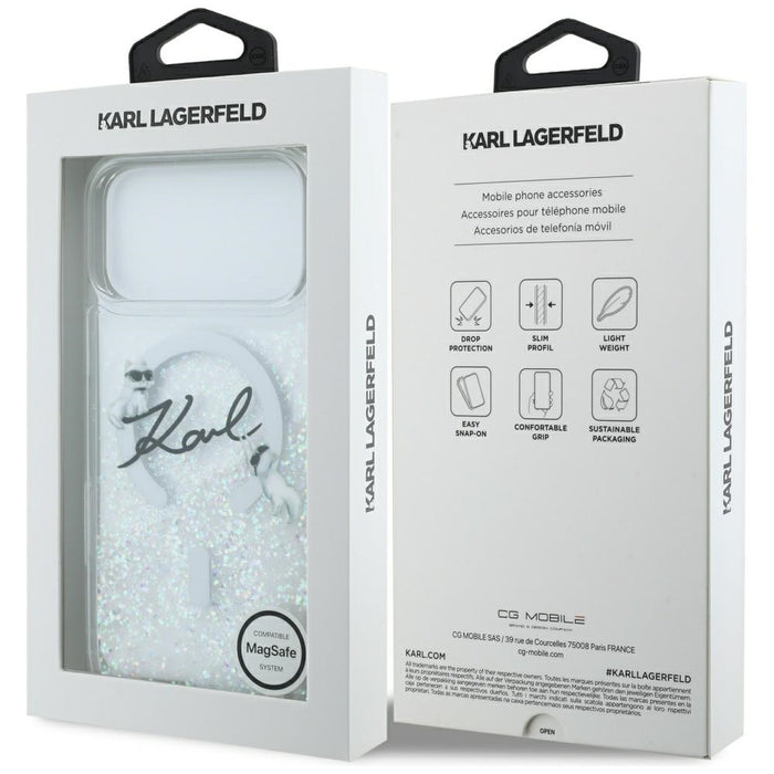 Кейс Karl Lagerfeld Liquid Glitter с лого на Karl Script за iPhone 17 Pro Max - прозрачен