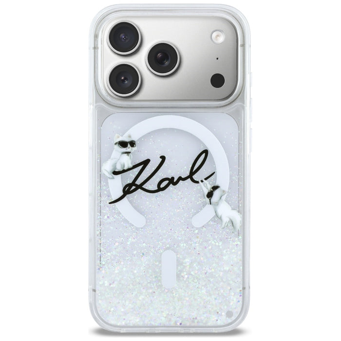 Кейс Karl Lagerfeld Liquid Glitter с лого на Karl Script за iPhone 17 Pro - прозрачен