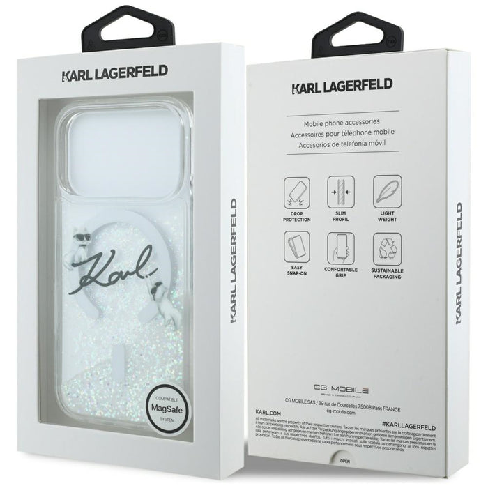 Кейс Karl Lagerfeld Liquid Glitter с лого на Karl Script за iPhone 17 Pro - прозрачен
