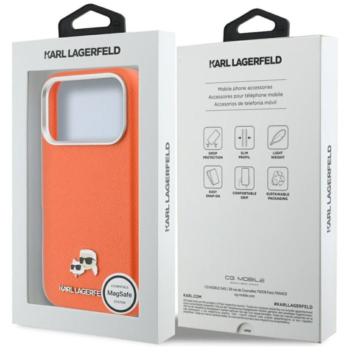 Кейс Karl Lagerfeld Karl & Choupette Head Pins Saffiano MagSafe за iPhone 17 Pro - оранжев