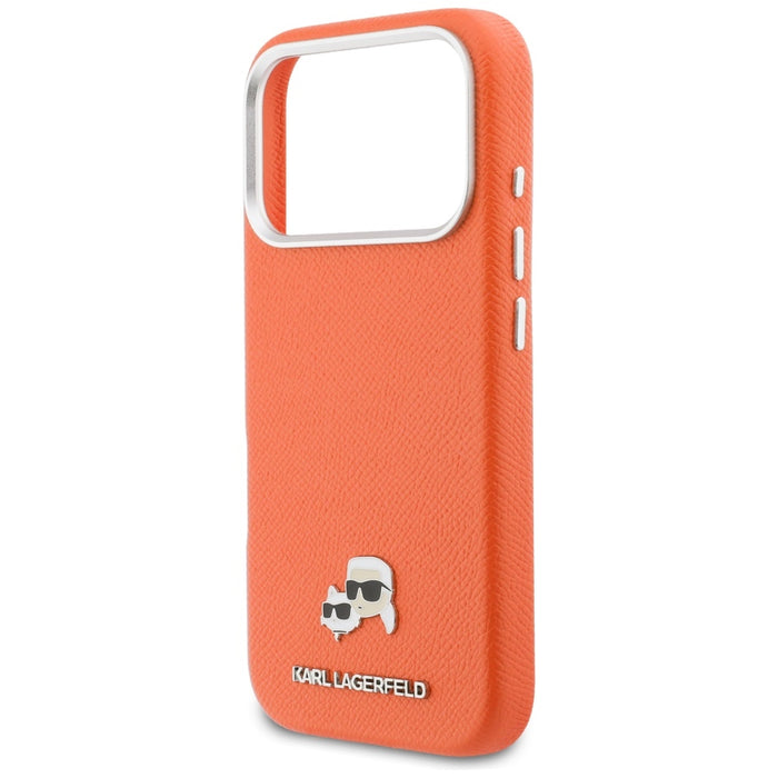 Кейс Karl Lagerfeld Karl & Choupette Head Pins Saffiano MagSafe за iPhone 17 Pro - оранжев