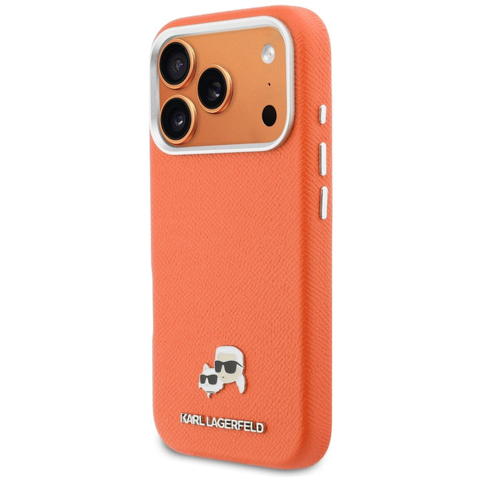 Кейс Karl Lagerfeld Karl & Choupette Head Pins Saffiano MagSafe за iPhone 17 Pro - оранжев