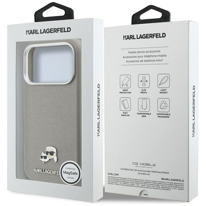Калъф Karl Lagerfeld Karl & Choupette Head Pins Saffiano MagSafe за iPhone 17 Pro - сив