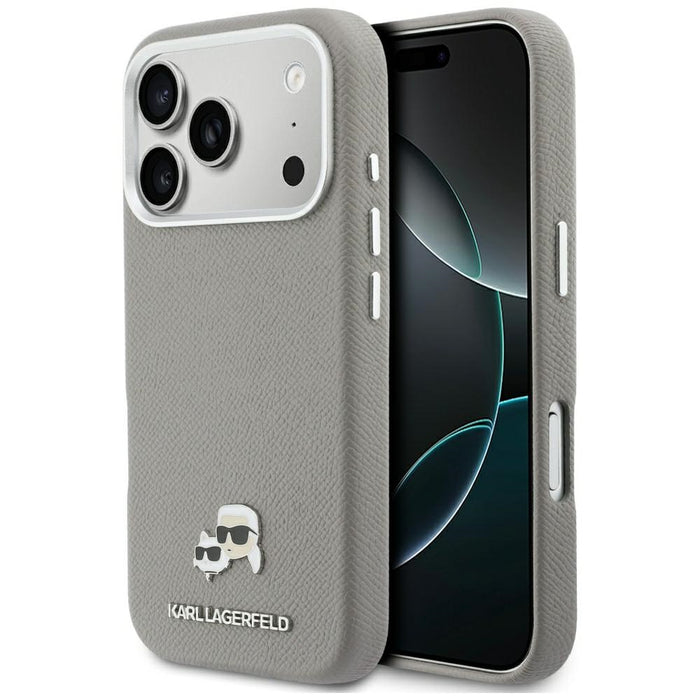 Калъф Karl Lagerfeld Karl & Choupette Head Pins Saffiano MagSafe за iPhone 17 Pro - сив
