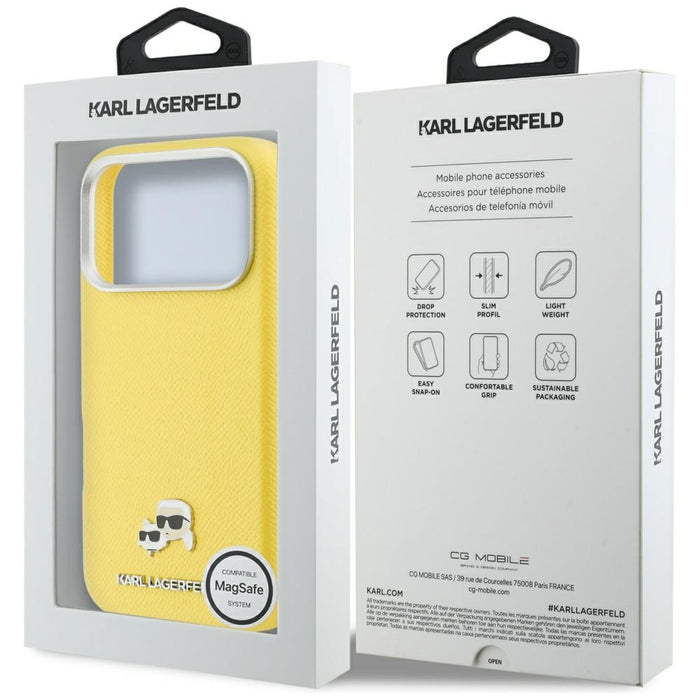 Калъф Karl Lagerfeld Karl & Choupette Head Pins Saffiano MagSafe за iPhone 17 Pro - жълт