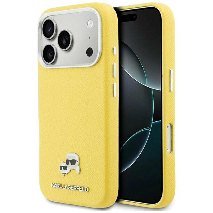 Калъф Karl Lagerfeld Karl & Choupette Head Pins Saffiano MagSafe за iPhone 17 Pro - жълт