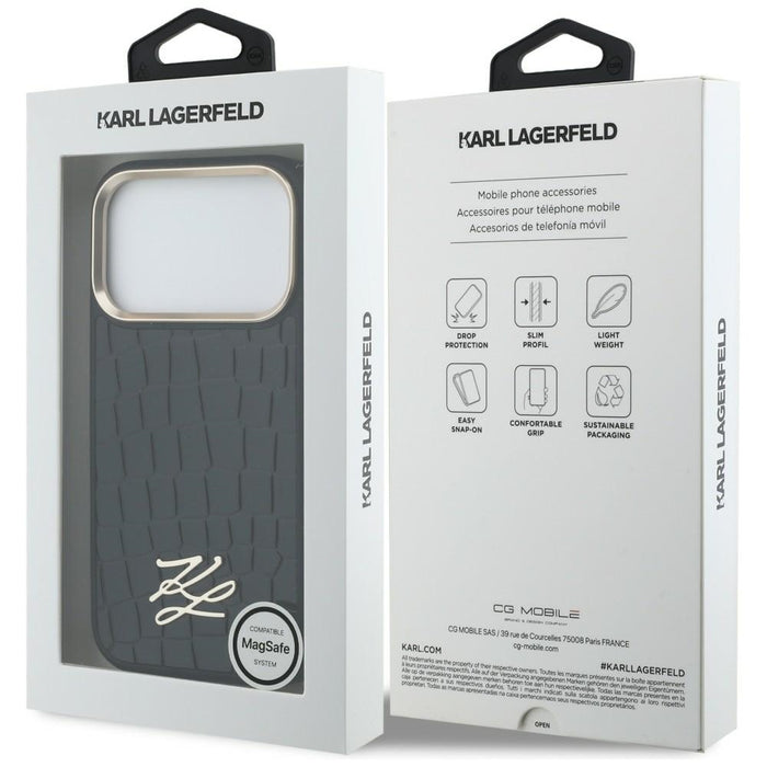 Кейс Karl Lagerfeld Croco KL Script Logo MagSafe за iPhone 17 Pro - черен