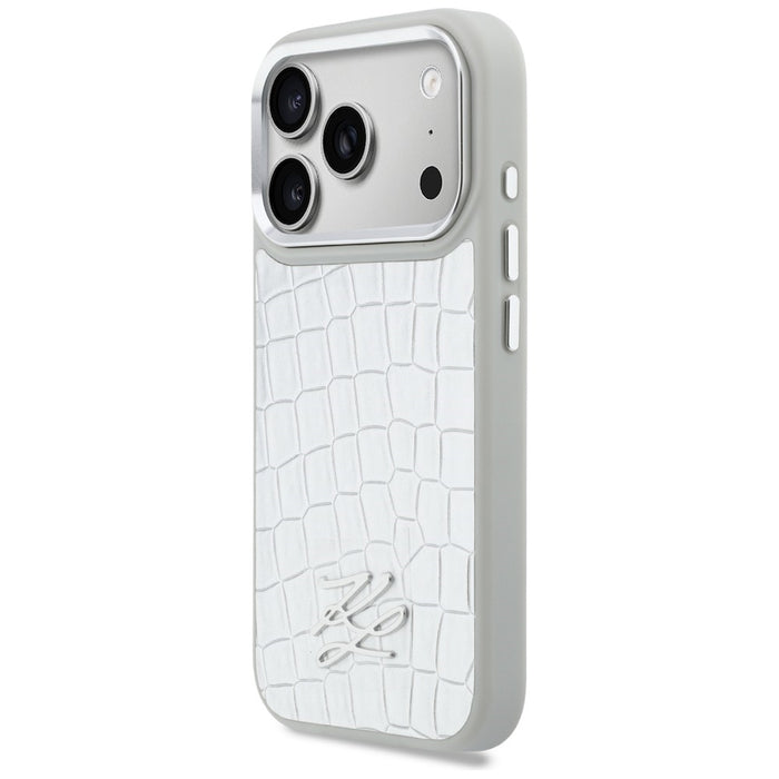 Кейс Karl Lagerfeld Croco KL Script Logo MagSafe за iPhone 17 Pro - сребрист