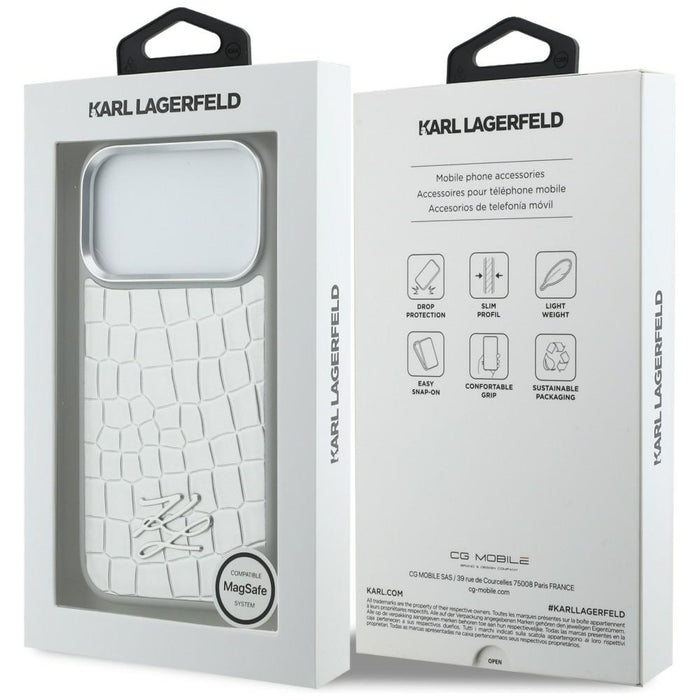 Кейс Karl Lagerfeld Croco KL Script Logo MagSafe за iPhone 17 Pro - сребрист