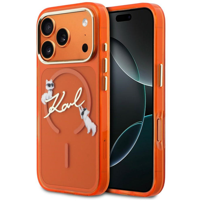 Кейс Karl Lagerfeld IML Choupettes с лого на Karl Script за iPhone 17 Pro Max - оранжев