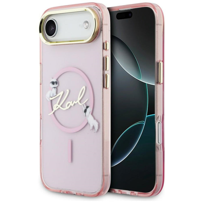 Кейс за iPhone Air с лого на Karl Lagerfeld IML Choupettes и MagSafe с надпис Karl - розов