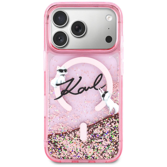 Кейс Karl Lagerfeld Liquid Glitter с лого на Karl Script за iPhone 17 Pro Max - розов
