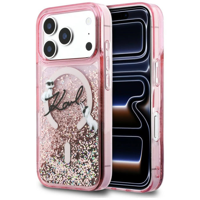 Кейс Karl Lagerfeld Liquid Glitter с лого на Karl Script за iPhone 17 Pro Max - розов