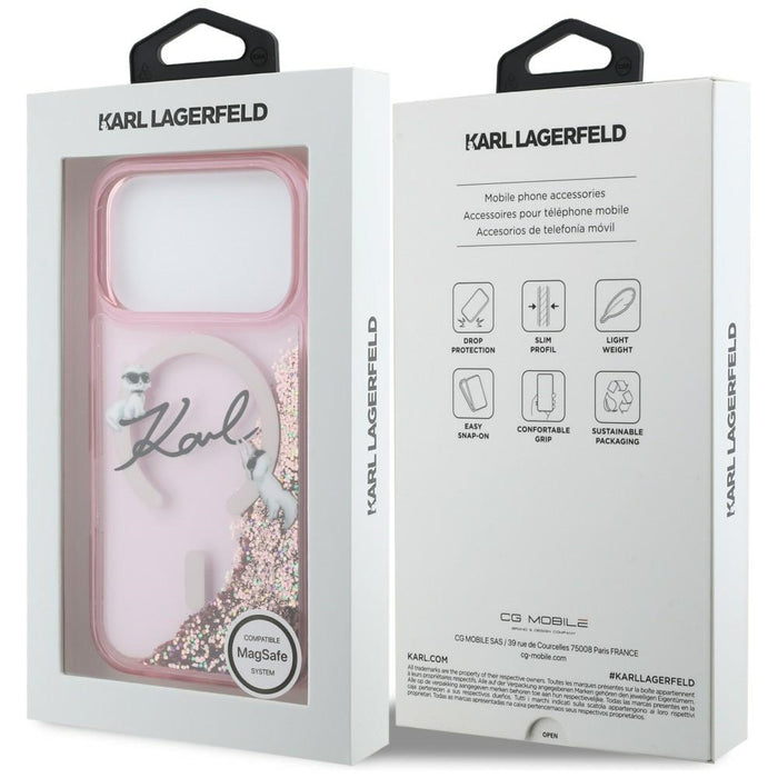 Кейс Karl Lagerfeld Liquid Glitter с лого на Karl Script за iPhone 17 Pro Max - розов