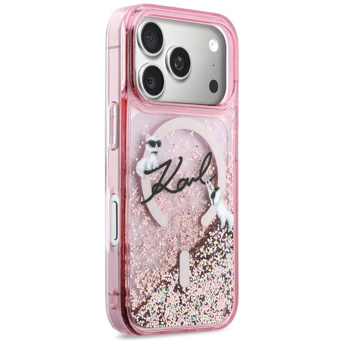 Кейс Karl Lagerfeld Liquid Glitter с лого на Karl Script за iPhone 17 Pro - розов