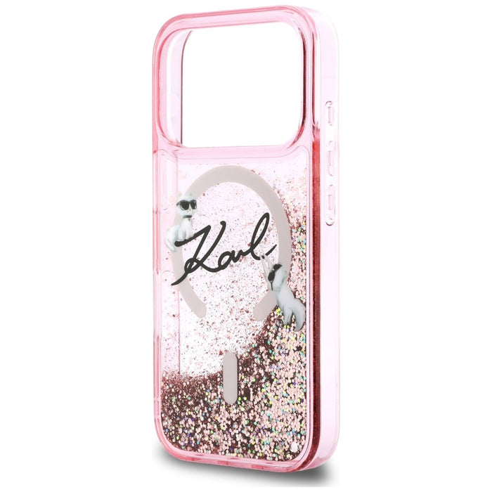 Кейс Karl Lagerfeld Liquid Glitter с лого на Karl Script за iPhone 17 Pro - розов