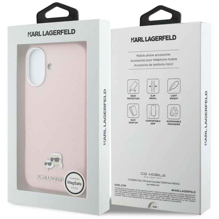 Кейс Karl Lagerfeld Karl & Choupette Head Pins Saffiano MagSafe за iPhone 17 - розов