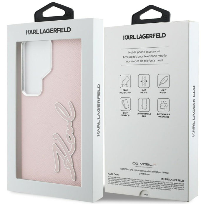 Метален калъф с лого на Karl Lagerfeld Grained Signature за Samsung Galaxy S26 Ultra - розов