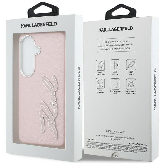 Метален калъф с лого на Karl Lagerfeld Grained Signature за Samsung Galaxy S26 - розов