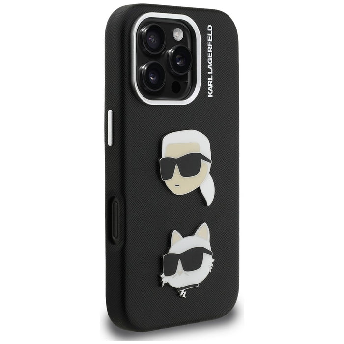 Кейс Karl Lagerfeld FW Grained Karl & Choupette Heads за iPhone 16 Pro - черен