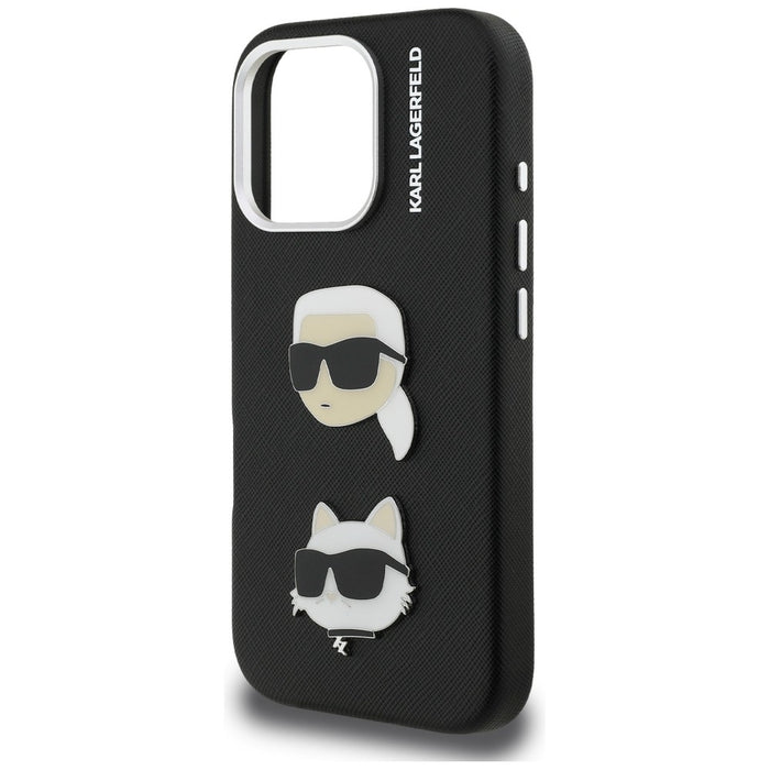 Кейс Karl Lagerfeld FW Grained Karl & Choupette Heads за iPhone 16 Pro - черен