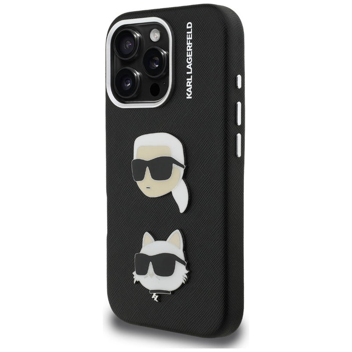 Кейс Karl Lagerfeld FW Grained Karl & Choupette Heads за iPhone 16 Pro - черен