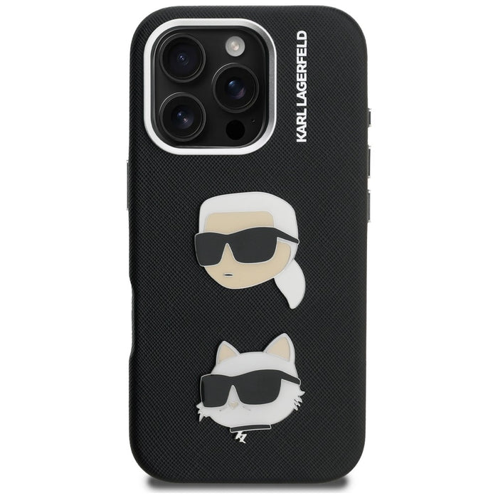 Кейс Karl Lagerfeld FW Grained Karl & Choupette Heads за iPhone 16 Pro - черен