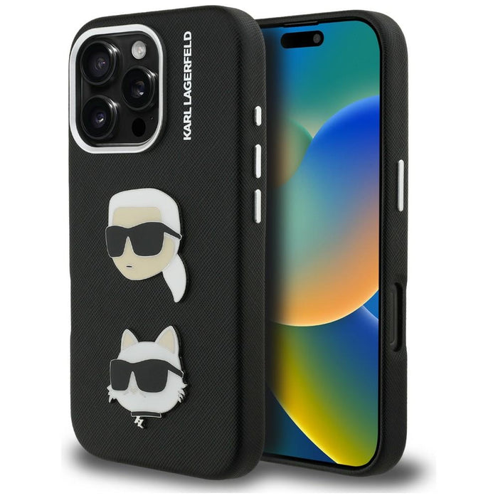 Кейс Karl Lagerfeld FW Grained Karl & Choupette Heads за iPhone 16 Pro Max - черен