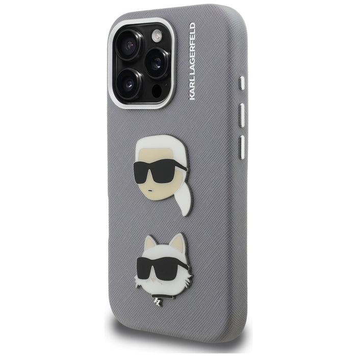 Кейс Karl Lagerfeld FW Grained Karl & Choupette Heads Pins за iPhone 16 Pro Max - сив
