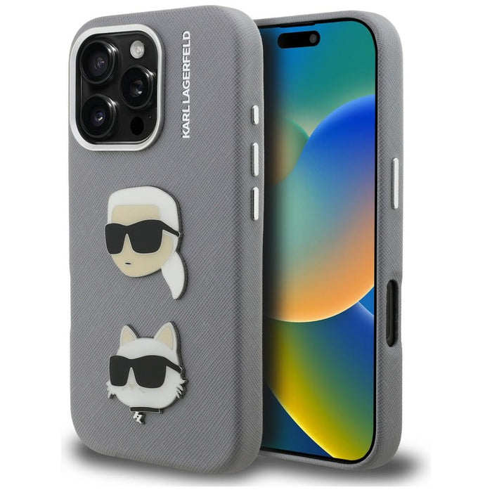 Кейс Karl Lagerfeld FW Grained Karl & Choupette Heads Pins за iPhone 16 Pro Max - сив