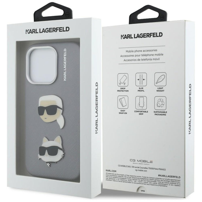 Кейс Karl Lagerfeld FW Grained Karl & Choupette Heads Pins за iPhone 16 Pro - сив