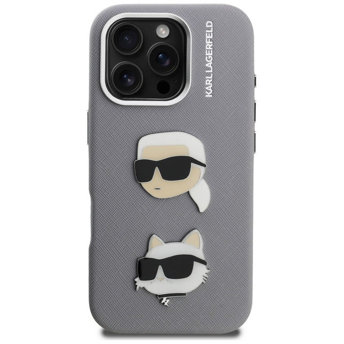 Кейс Karl Lagerfeld FW Grained Karl & Choupette Heads Pins за iPhone 16 Pro - сив