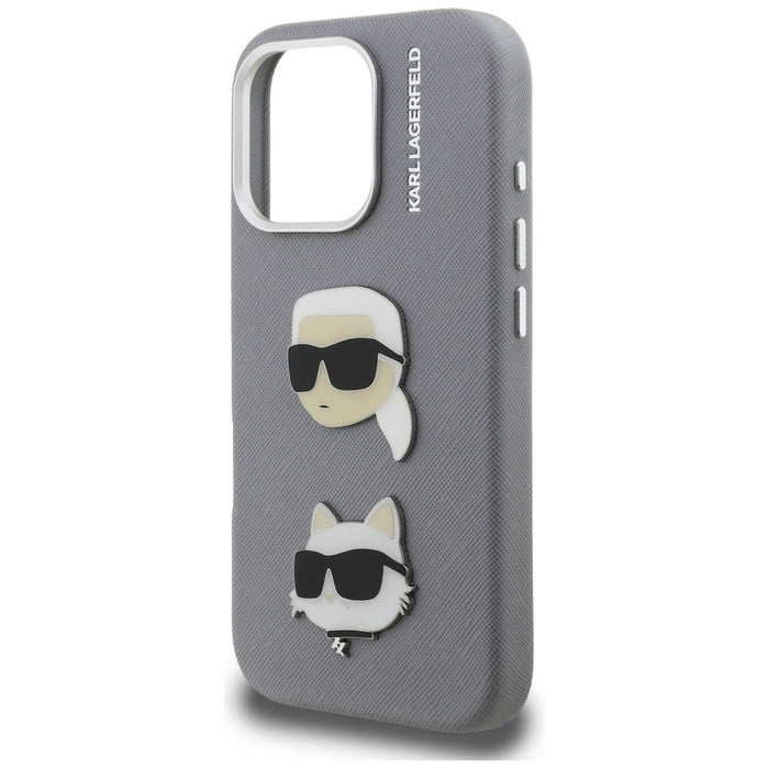 Кейс Karl Lagerfeld FW Grained Karl & Choupette Heads Pins за iPhone 16 Pro - сив