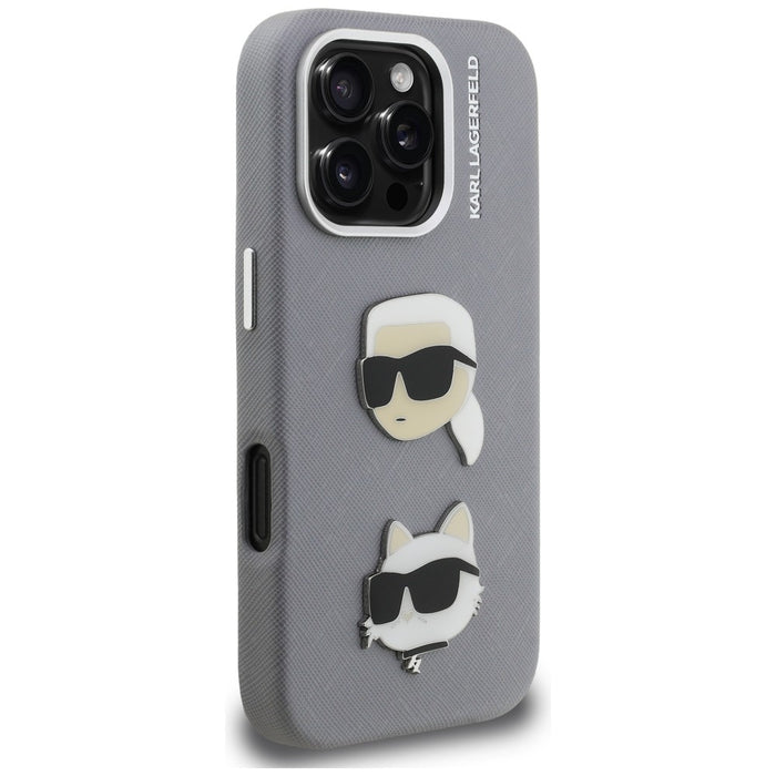 Кейс Karl Lagerfeld FW Grained Karl & Choupette Heads Pins за iPhone 16 Pro - сив