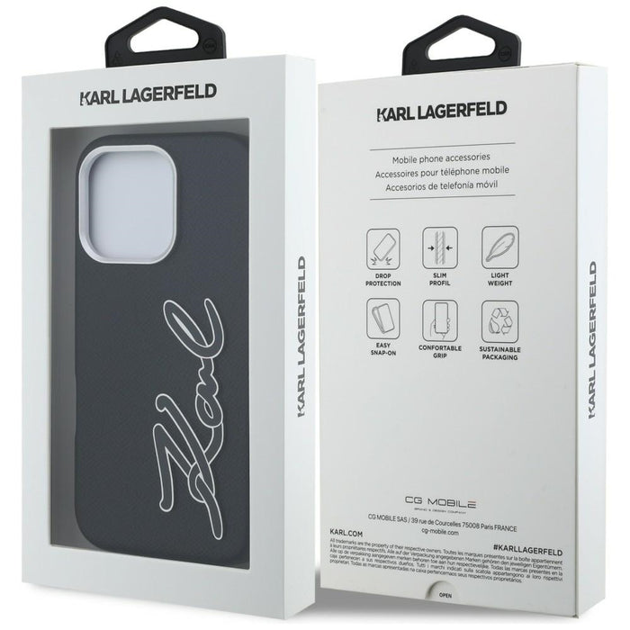 Кейс с лого на Karl Lagerfeld FW Grained Signature за iPhone 16 Pro - черен