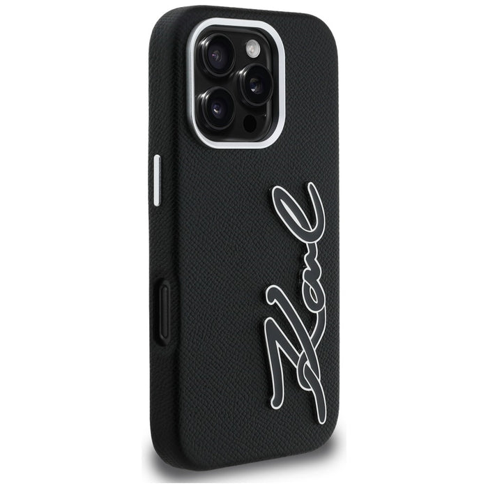 Кейс с лого на Karl Lagerfeld FW Grained Signature за iPhone 16 Pro - черен