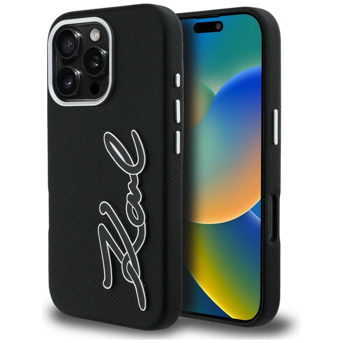 Кейс с лого на Karl Lagerfeld FW Grained за iPhone 16 Pro Max - черен