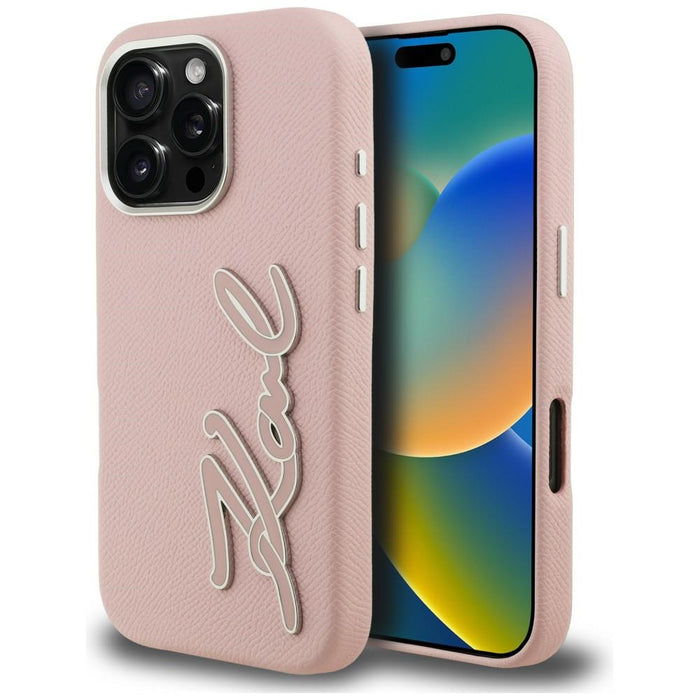 Кейс с лого на Karl Lagerfeld FW Grained Signature за iPhone 16 Pro - розов