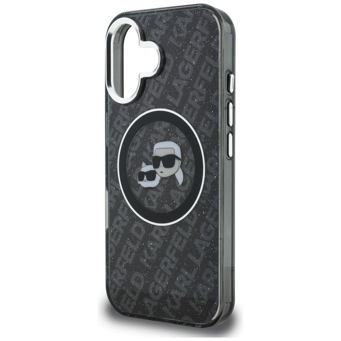 Кейс Karl Lagerfeld IML Glitter с лого на Karl & Choupette Heads MagSafe за iPhone 16 - черен