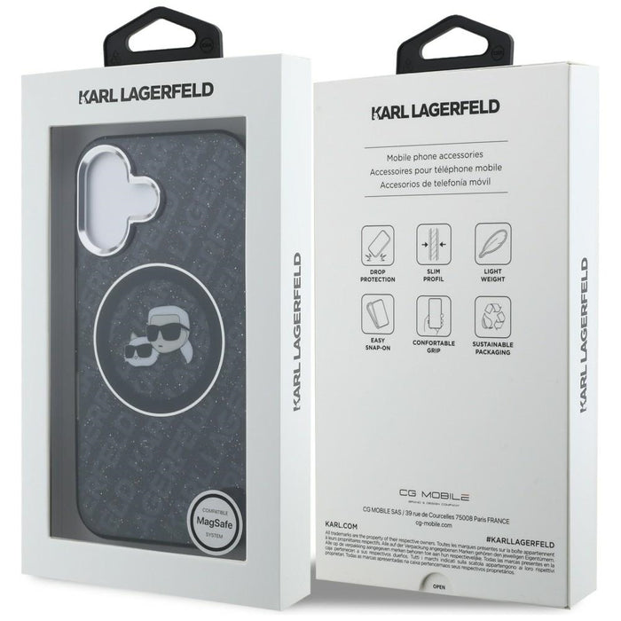 Кейс Karl Lagerfeld IML Glitter с лого на Karl & Choupette Heads MagSafe за iPhone 16 - черен