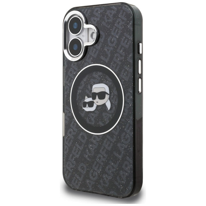 Кейс Karl Lagerfeld IML Glitter с лого на Karl & Choupette Heads MagSafe за iPhone 16 - черен