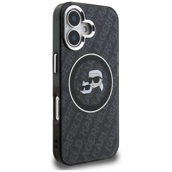 Кейс Karl Lagerfeld IML Glitter с лого на Karl & Choupette Heads MagSafe за iPhone 16 - черен